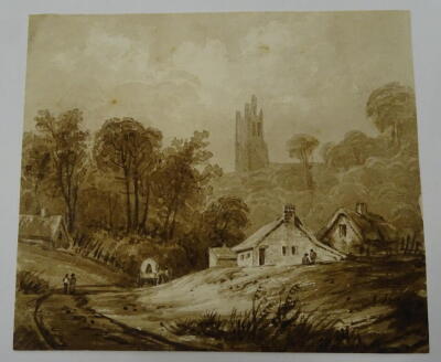 Thomas Sidney Cooper RA (1803-1902). Wooded rural landscape with cottages and tower on the horizon, sepia wash, 12.5cm x 15cm. A lesson to D W Coit. Provenance: Goodacre Collection No 210. - 2