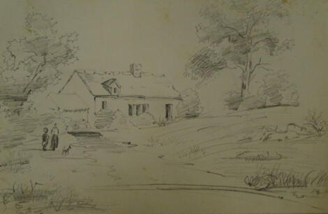 Thomas Sidney Cooper RA (1803-1902). Figures by a cottage, pencil sketch, 11.5cm x 17.cm. A lesson to D W Coit. c 1829. Provenance: Goodacre Collection No 308.