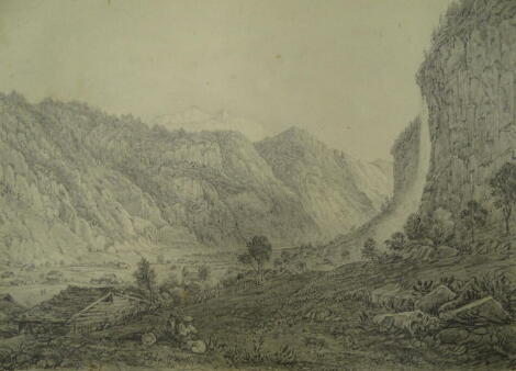 D W Coit. Inscribed "Valley of Lauterbrun grey sketch 1830", 20cm x 25cm. Provenance: Goodacre Collection No 322.