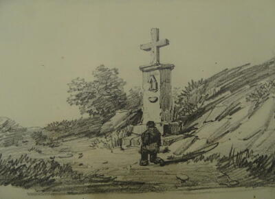 Thomas Sidney Cooper RA (1803-1902). Lesson for D W Coit, Figure at wayside shrine, 1829. Pencil, 12cm x 18cm. Provenance: Goodacre Collection No 324.