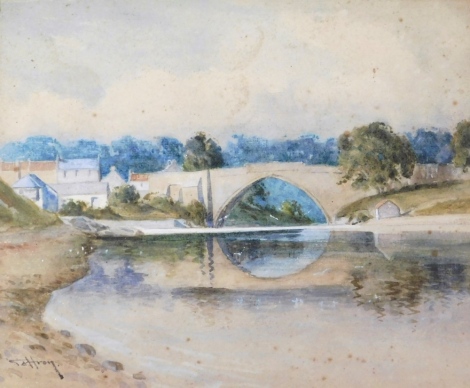 Gottron. River scene with bridge and village in the foreground, watercolour signed 23cm x 28cm, framed. (AF)