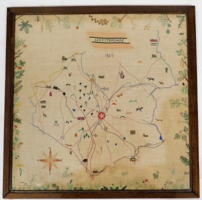 A late 20thC embroidered map of Leicestershire dated 1965, depicting various lions, animals and flowers, in a oak frame, 62.5cm x 62cm. - 2