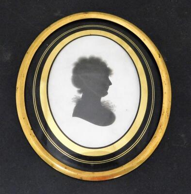 A pair of 19thC silhouettes, and another similar, each of oval form, facing sinister and dexter, comprising a gentleman and two ladies, in verre eglomise lined oval mounts and rectangular ebonised frames, with profile painter and jewellers labels hand wri - 4