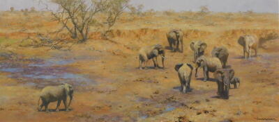 David Shepherd (1931-2017). African waterhole, artist signed limited edition coloured print, 80/650, 42cm x 78cm.