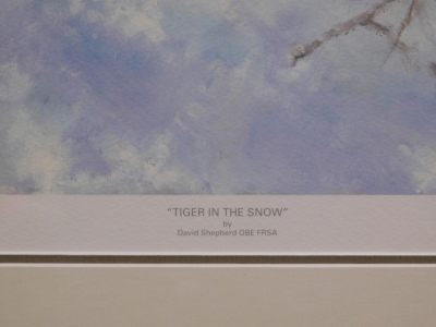 After David Shepherd. Tiger in the Snow, limited edition number 62950, signed in pencil to the border and dated 05, with certificate of authenticity, 37cm x 67cm, framed and glazed. - 3