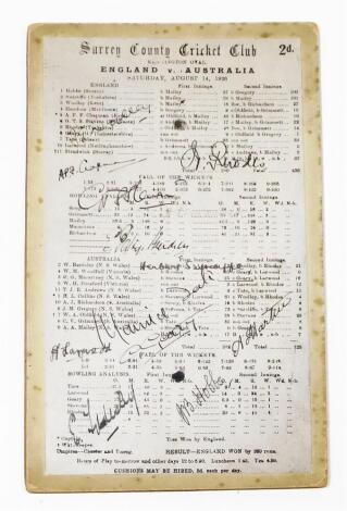 Surrey County Cricket Club. An old facsimile score card for England v Australia at The Oval 1926, 23.5cm x 18cm, laid to card.