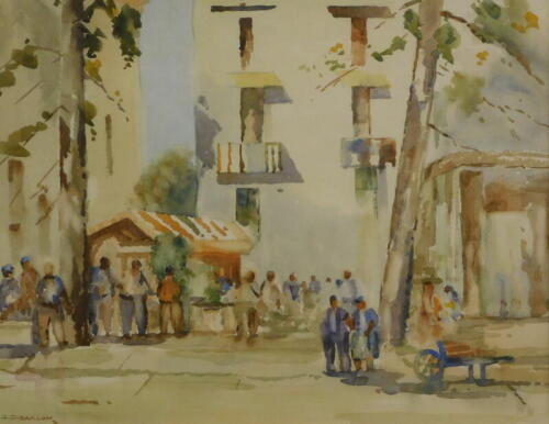 G.C. Barlow. Early morning at a French market, watercolour, signed and titled verso, 37cm x 47cm.