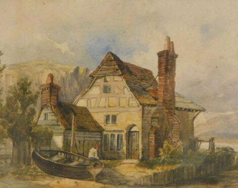 19thC School. Fisherman outside cottage, watercolour, 22cm x 28cm.