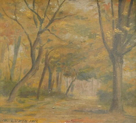 C.L. Ludin. Woodland scene, oil on board, signed and dated 1918, 20cm x 22.5cm.