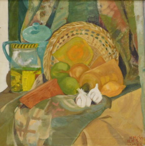 H M Chan (20thC). Still life with fruit and vegetables, oil on canvas, signed, 69.5cm x 69.5cm