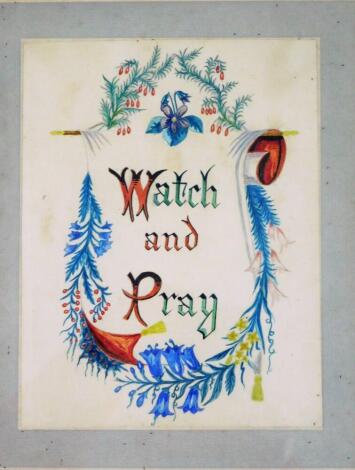 20thC School. Watch and pray watercolour, with shield and flowers, on a blue border, 21cm x 16.5cm, in a wooden frame.