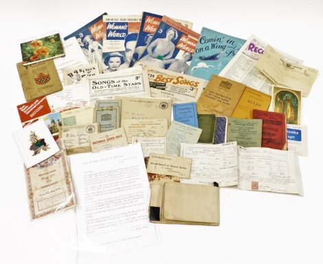 A group of various ephemera, to include sacred songs and solos, national identity cards, motor fuel ration books, Ypres, A Few Notes on the History of The World War, Amicable Society of Great Ponton contribution card, invitation to the coronation May 12th