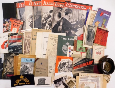 Various World War II and other ephemera and effects, to include a medical bandage, a rest centre staff armband, cap badge, bar, souvenir guides, notes on German aircraft, Map Reading In a Nutshell, ephemera relating to the tank, etc. (a quantity)