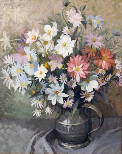 20thC School. Still life, flowers in a pewter jug, oil on board, Croydon Galleries label verso, 55cm x 45cm.