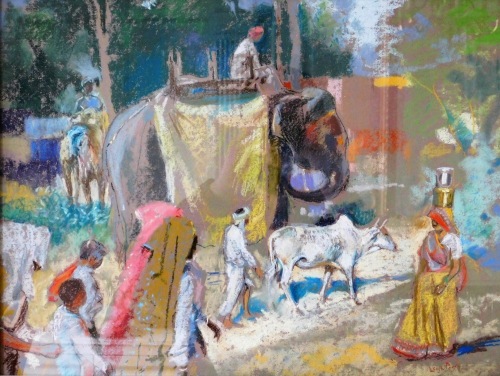 Leigh Parry (1919-2017). India on the move, elephants and figures in landscape, pastel, signed, 37cm x 50cm.