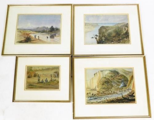 After E A Williams (1824-98). A group of four military related prints, to include Picket At Nukumaru 30th January 1865, 20cm x 25cm, another by the same artist Bullock - Drays Crossing River Below Mount Egmont 1865, print no. 432, 25cm x 35cm, framed and