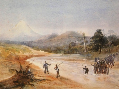 After E A Williams (1824-98). A group of four military related prints, to include Picket At Nukumaru 30th January 1865, 20cm x 25cm, another by the same artist Bullock - Drays Crossing River Below Mount Egmont 1865, print no. 432, 25cm x 35cm, framed and - 2