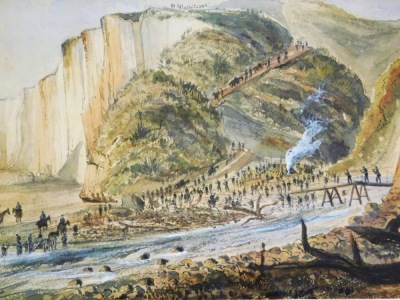 After E A Williams (1824-98). A group of four military related prints, to include Picket At Nukumaru 30th January 1865, 20cm x 25cm, another by the same artist Bullock - Drays Crossing River Below Mount Egmont 1865, print no. 432, 25cm x 35cm, framed and - 4