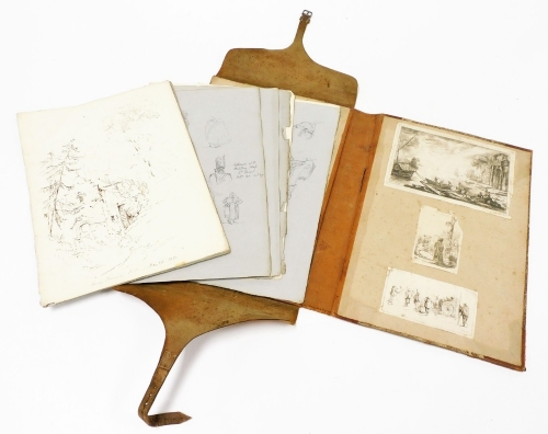 A 19thC artist's portfolio, with marbled boards and leather bindings with strap containing a small collection of sepia ink drawings some with wash, including Dover Castle, Cowdray Park, Farringdon Church, etc., (9), the inside boards with engravings by G