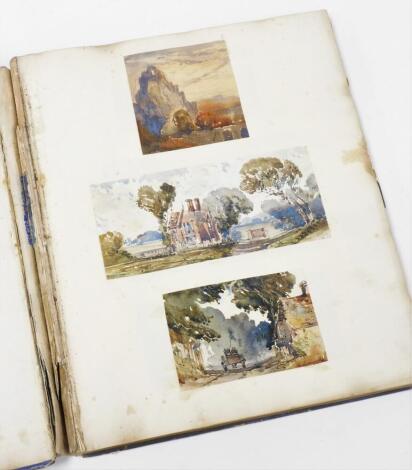 A mid 19thC sketch book, the blue boards entitled Autobiography of A Tortoise, and will illuminated title page and pencil inscription, relating to Grace Pearson, incorporating a collection of small watercolour landscape sketches and a pen and ink sketch, 