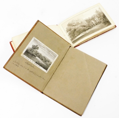 A 19thC pocket sketch book, with red cloth bindings, containing a collection of watercolour drawings depicting landscapes and country house scenes, parkland and street scenes with figures, and another small 19thC album containing a small collection of pen