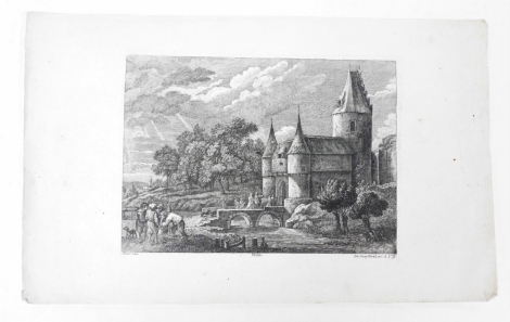 An antiquarian engraving by Johann Georg Hertel after Teniers. No 68, a castle with river and figures, 25cm x 40cm.