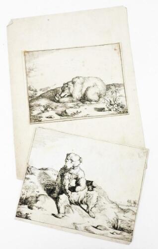 Two antiquarian engravings after Marcus De Bye (1639-1670). From the set of Bears, 13.5cm x 16.5cm and 11.5cm x 15cm.