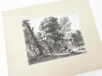 An antiquarian engraving after Karel Dujardin. Landscape with man and two donkeys, engraving, 14cm x 18cm.