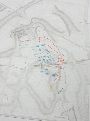 A 19thC engraved map of The Battlefield of Waterloo, in two parts (joined), and with later hand coloured decoration, taken from a trigonometrical survey made by S Wharton in July 1815, engraved by W Jackson, 44 Gutter Lane, Cheapside, 84cm x 130cm. - 5