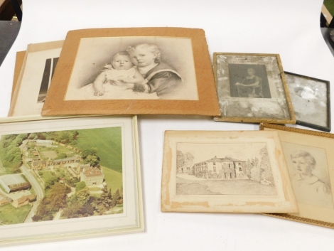 Three portrait photographs, small pencil sketch portrait of a young boy, pen and ink drawing of Newbold Pacey Hall and an aerial photograph.