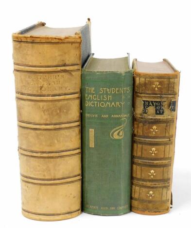 Webster's Complete Dictionary of The English Language, published by George Bell & Sons 1877, bound in green cloth and half leather, and Hayden's Dictionary of Dates, 1868 and The Student's English Dictionary by John Ogilvie, 1908. (3)