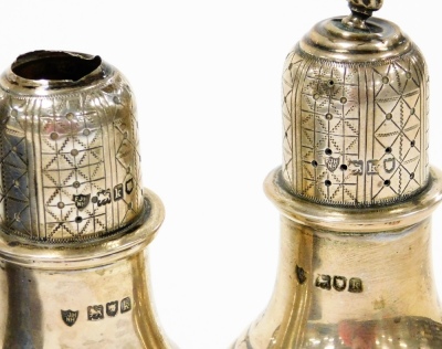 A pair of Edwardian silver sugar castors, each of baluster form, the lid with Howard decoration, London 1905. (AF) - 2