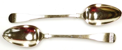 A pair of George III Newcastle silver table spoons, by Dorothy Langlands, Fiddle pattern, initialled, Newcastle 1804, 23cm wide, 4oz. (2)