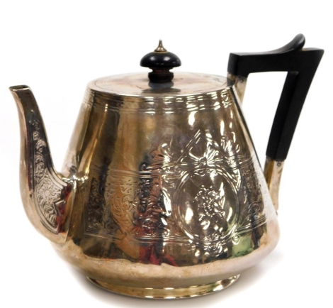 A Victorian silver teapot by Barnard & Sons Ltd, of circular tapering form, of aesthetic influence with ebonised finial and handle, London 1871, approx weight 18oz.