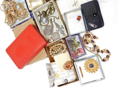 A group of costume jewellery and effects, to include faux pearl necklaces, gold plated necklaces, various tins, chains, brooches, money box, etc. (a quantity) - 4