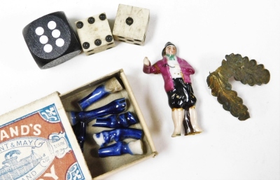 Various bygones, collectables, etc., a pair of early 20thC bone dice 1cm high, various other trinkets and effects, jar of cylindrical shoulder form, enamel jar and cover profusely decorated in hand painted with flowers with gilt metal highlights, a set of - 2