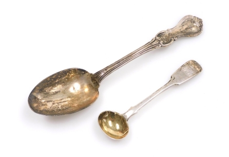 Two silver spoons, to include a George V silver mustard spoon, bearing the initials MRB, and makers stamp GA, together with a later silver spoon, with Queens pattern stem, stamped Owen, makers stamp SHDC, 2½oz. (2)