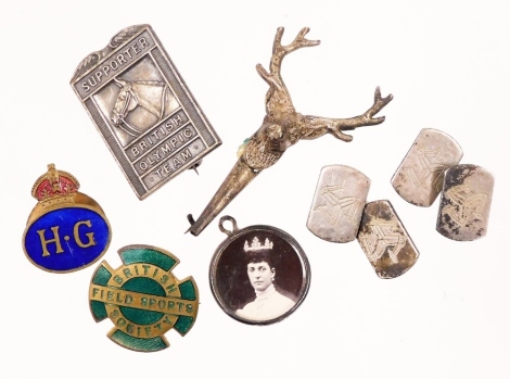 Enamel badges, cufflinks, miniature silver picture frame of Edward VII, etc.