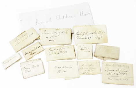 A rare collection of late 18thC Royal hair locks from the Children of George III and Queen Charlotte, contained in individual folds of paper with handwritten details of the individuals and dates, comprising Prince Octavius, (4), Prince Alfred, (2), Prince