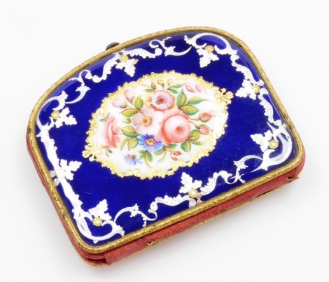 A late 19thC porcelain enamelled coin purse, the blue silver and gold enamelled decoration, with central hand painted flower design, with gold embellished coloured borders and a red interior, unmarked, 6.5cm high, 7.5cm wide.