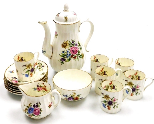 A Royal Worcester Roanoke part tea service, comprising six cups and saucers, milk jug, sugar bowl and teapot.