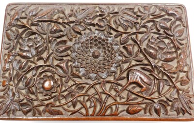 An Eastern carved hardwood rectangular box, the carving depicting birds with central flower, opening to reveal two layered sewing box section, with sewing accessories, 10cm high, 29cm wide, 19cm deep. - 3