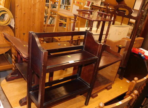 A group of miscellaneous furniture, to include two miniature bookcases, coffee table, two tier side table, an Art and Crafts style wall unit, bookstand, etc. (6)