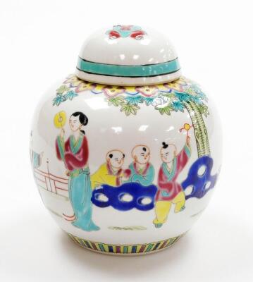 A Chinese porcelain ginger jar and cover, polychrome decorated with figures with multi coloured border, circular red mark identify the piece as coming from the Jingdezhen kilns, workshop 5, 1960s, 16cm high.