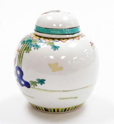 A Chinese porcelain ginger jar and cover, polychrome decorated with figures with multi coloured border, circular red mark identify the piece as coming from the Jingdezhen kilns, workshop 5, 1960s, 16cm high. - 2