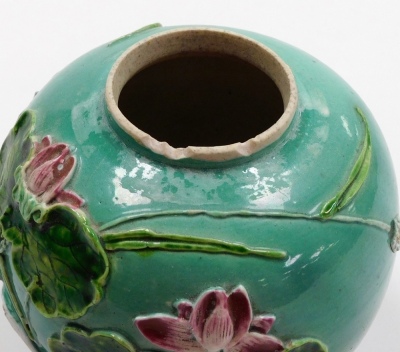 A Chinese porcelain turquoise glaze Wang Bing Rong ginger and cover, with raised decoration of storks and flowers, 14cm high. - 5