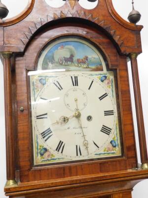 A. Matthews, Ely. An early 19thC longcase clock, the arched dial painted with a rural scene of harvesting etc., above floral spandrels, eight day full pillar movement in oak and mahogany crossbanded case box with stringing, etc., 216cm high. - 2