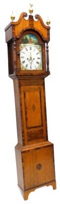 Willson, Lincoln. An early 19thC longcase clock, the arched dial painted with a lady and child within a rural setting, above floral spandrels, with an eight day four pillar movement, in oak mahogany and rosewood crossbanded case, 226cm high.