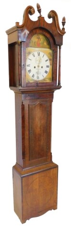 William Sharpe, Retford. A 19thC longcase clock, the arched dial painted with a lady raking wheat etc., above spandrels decorated with river landscapes, etc., with an eight day four pillar movement, in oak and mahogany case, 222cm high.