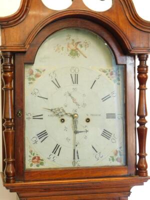 Andrews, Dereham. A 19thC longcase clock, the arched dial painted with an Asiatic pheasant, with birds and leaves, above spandrels decorated with strawberries and roses etc., with an eight day four pillar movement in mahogany case, 211cm high. - 2